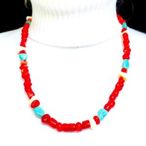 NATURAL CORAL, SHELL AND TURQUOISE NECKLACE